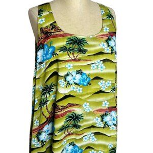 Island Planet Top Womens Size L Hawaiian Floral Green Blue Summer